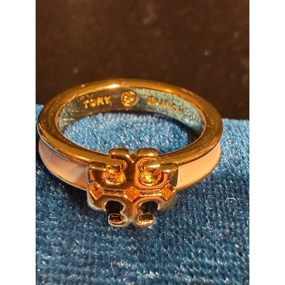 Tory Burch Icon Enamel Ring Gold & White Size 6.5 Double T Logo NWOT